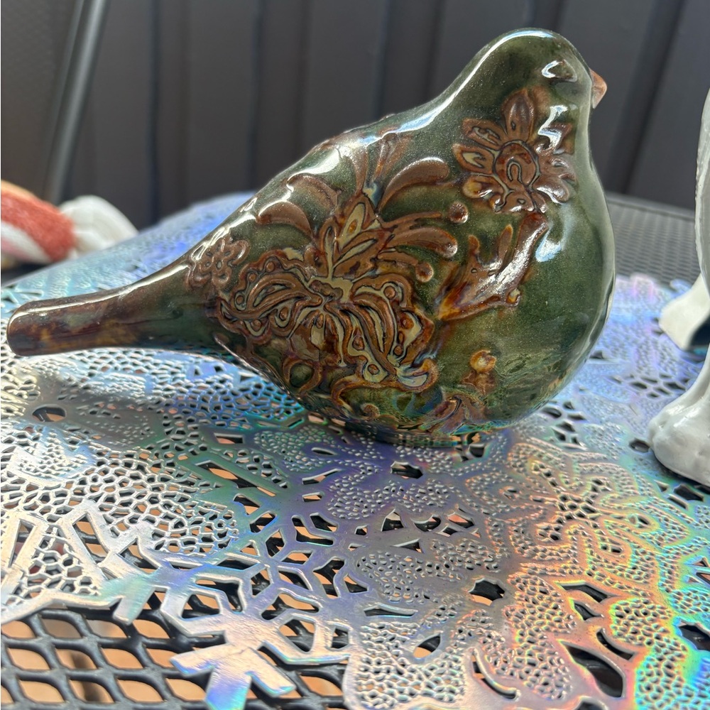 A Ceramic Green and Brown Bird Figurine
